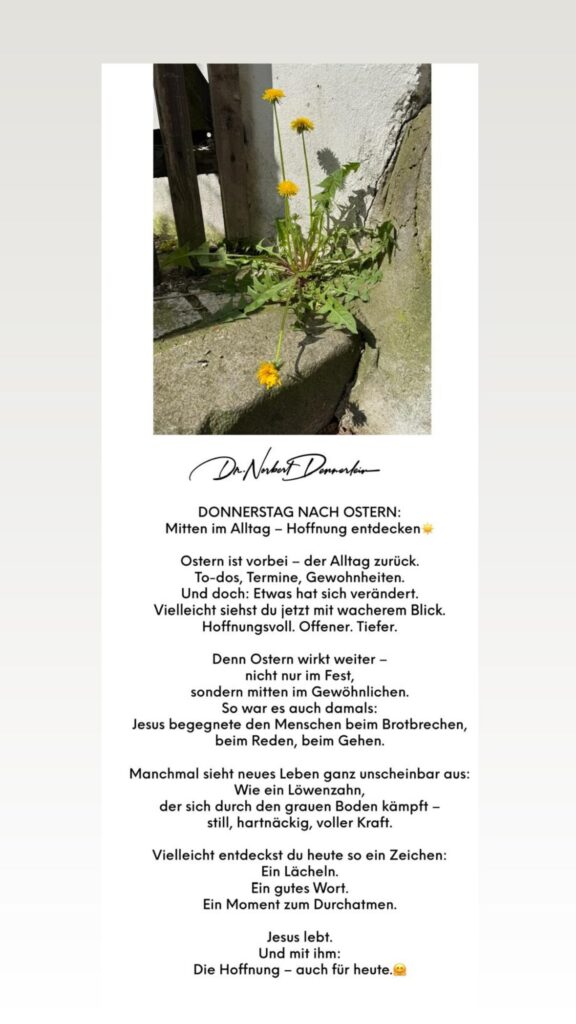 Dr. Norbert Dennerlein: Dive DONNERSTAG NACH OSTERN: Mitten im Alltag - Hoffnung entdecken Ostern ist vorbei