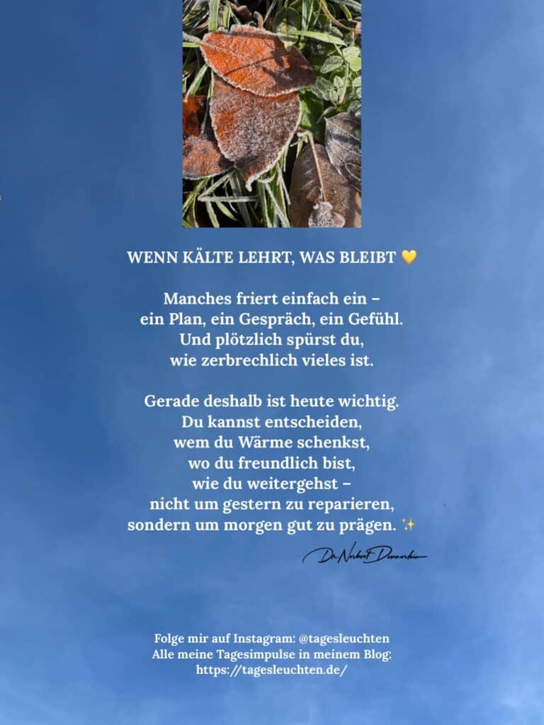 Dr. Norbert Dennerlein: WENN KÄLTE LEHRT, WAS BLEIBT. Manchmal friert einfach ein - ein Plan, ein Gespräch, ein Gefühl
