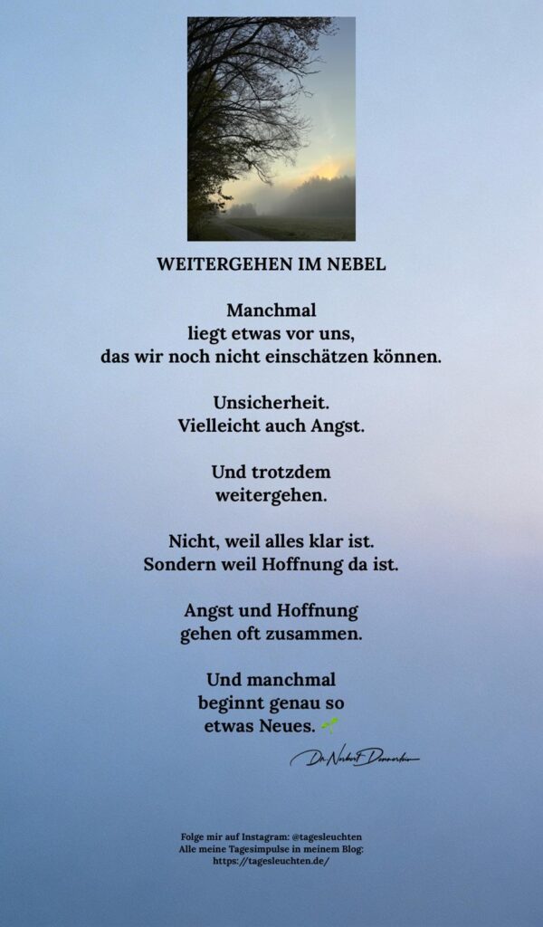 Dr. Norbert Dennerlein: WEITERGEHEN IM NEBEL. Manchmal liegt etwas vor uns, das wir noch nicht einschätzen können