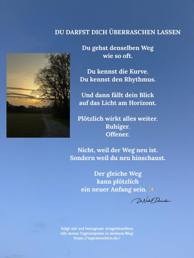 Dr. Norbert Dennerlein: DU DARFST DICH ÜBERRASCHEN LASSEN. Du gehst denselben Weg wie so oft.