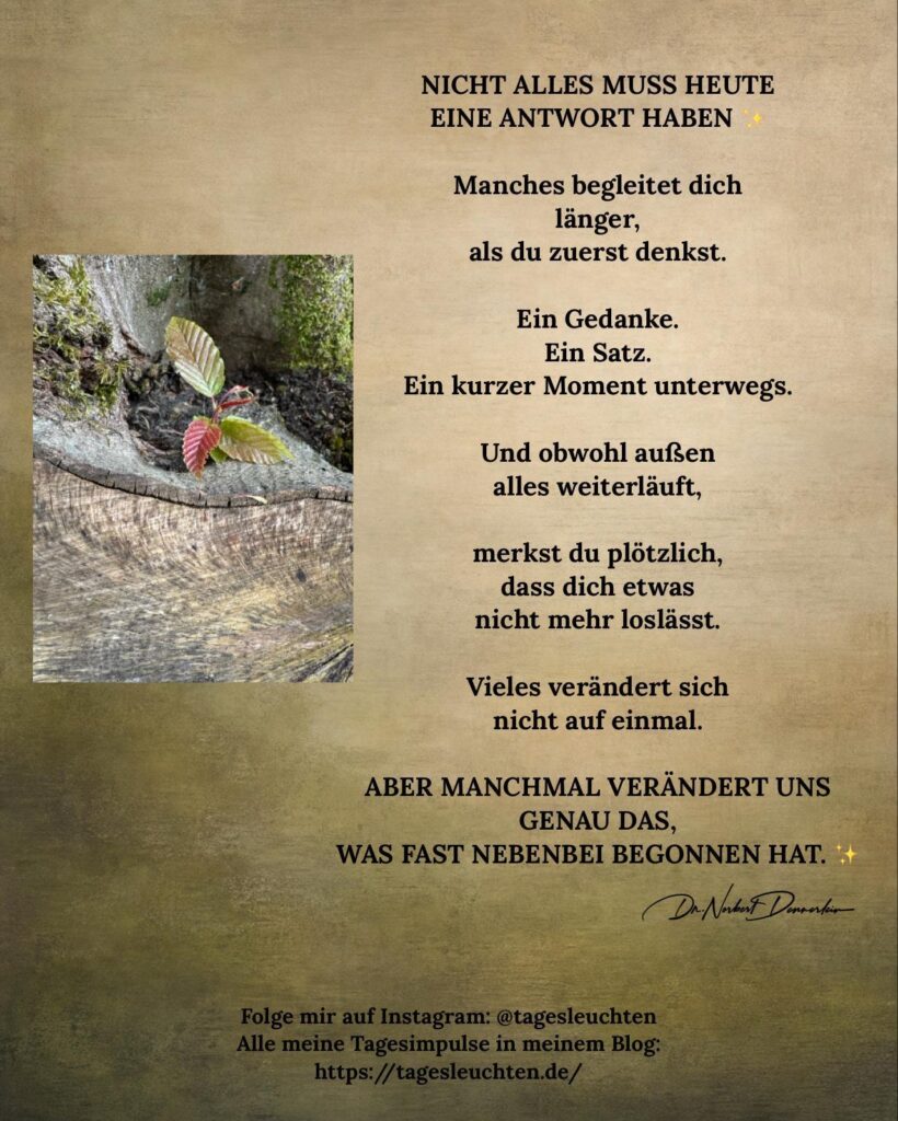 Dr. Norbert Dennerlein: NICHT ALLES MUSS HEUTE EINE ANTWORT HABEN. Manches begleitet dich länger, als du zuerst denkst
