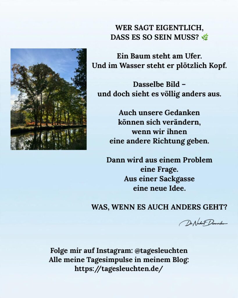 Dr. Norbert Dennerlein: WER SAGT EIGENTLICH, DASS ES SO SEIN MUSS? Ein Baum steht am Ufer. Und im Wasser steht er plötzlich Kopf